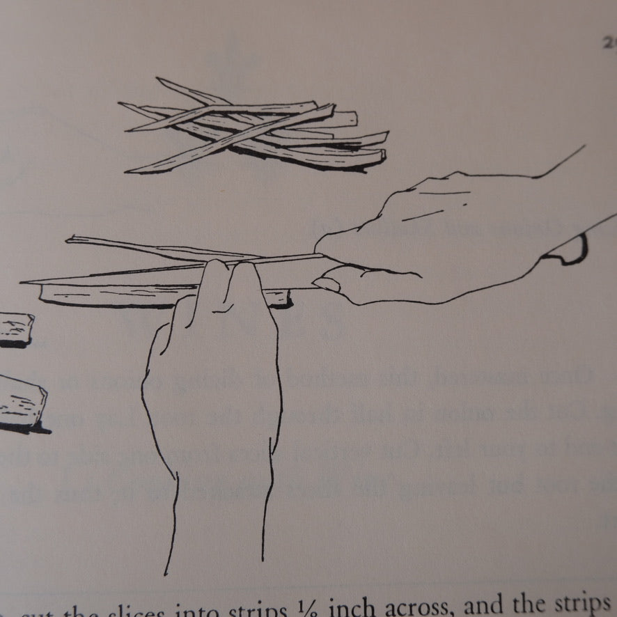 Illustration of hands cutting slices into strips with a knife on a beige background