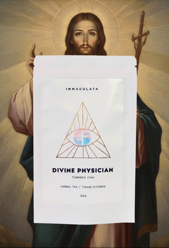 Tea package labeled 'Divine Physician' by Immaculata on a beige background