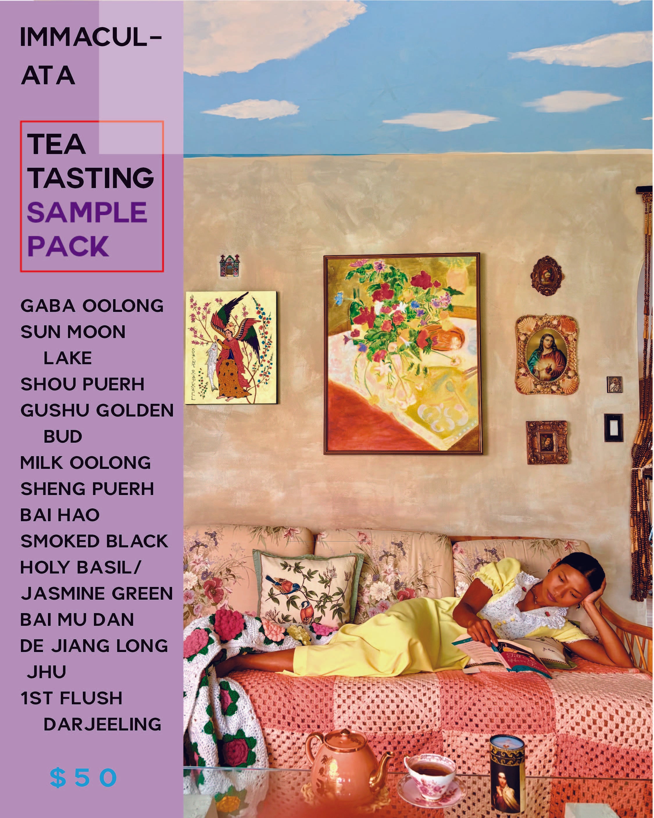 Tea tasting sample pack with a colorful interior scene featuring a person on a couch.