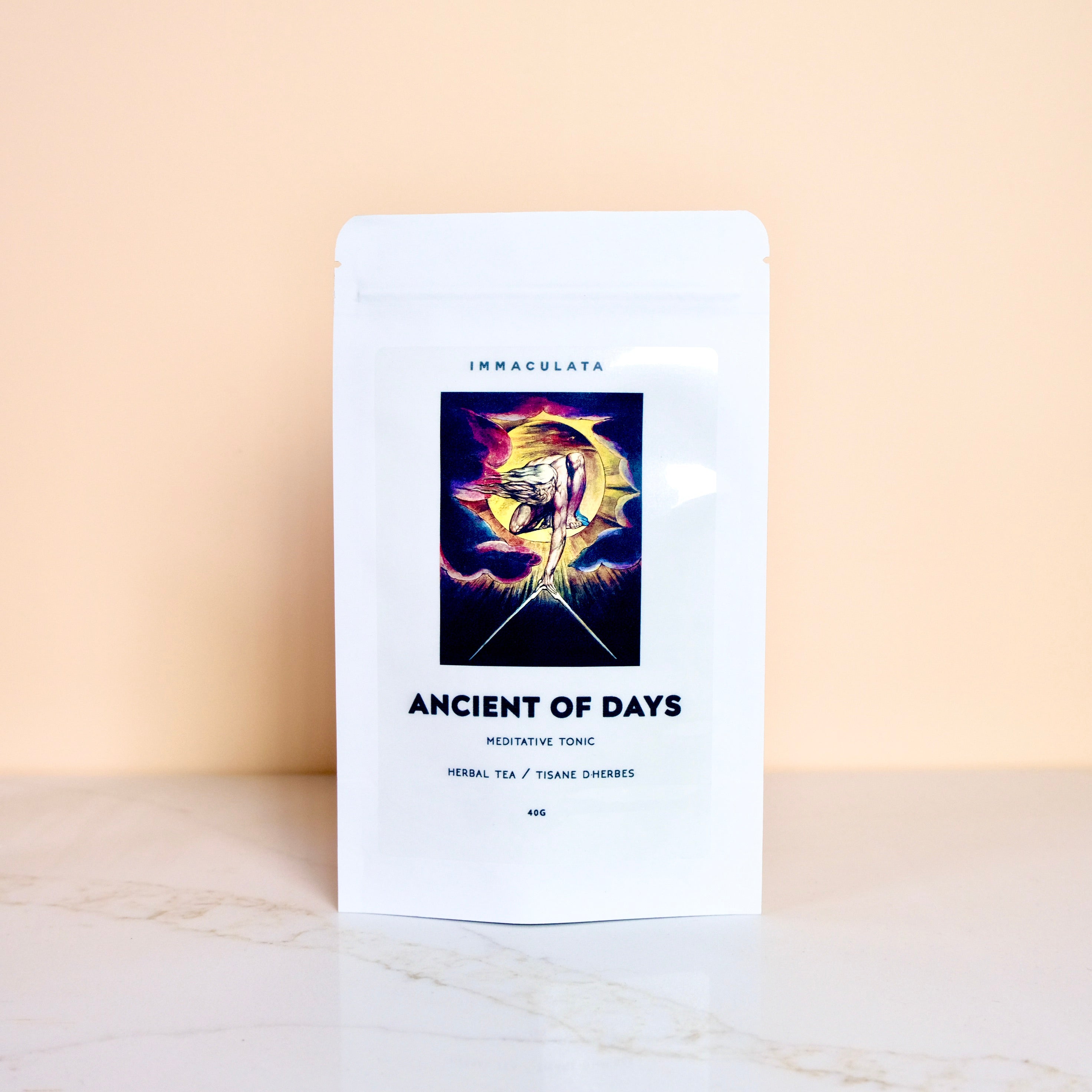 Tea package labeled 'Immaculata Ancient of Days' on a beige background