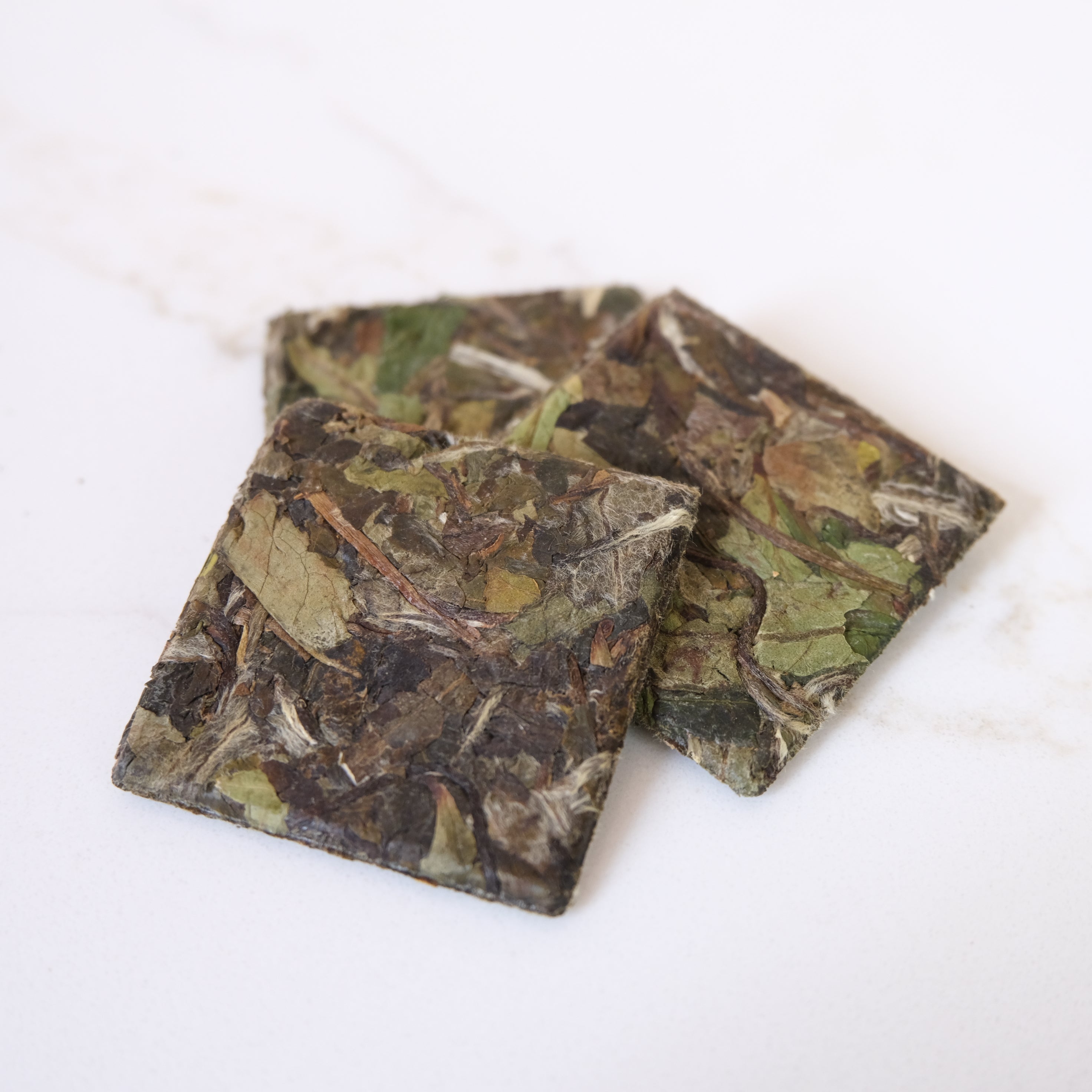 Three square tea cakes with green and brown leafy herbs on a white background