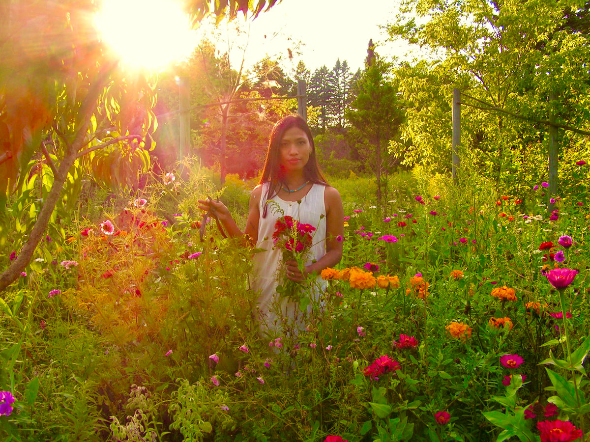 A woman stands in a sunlit garden filled with colorful wildflowers, holding a bouquet of red roses. She is wearing a sleeveless white dress, and the scene is backlit by bright sunlight with lens flare.
