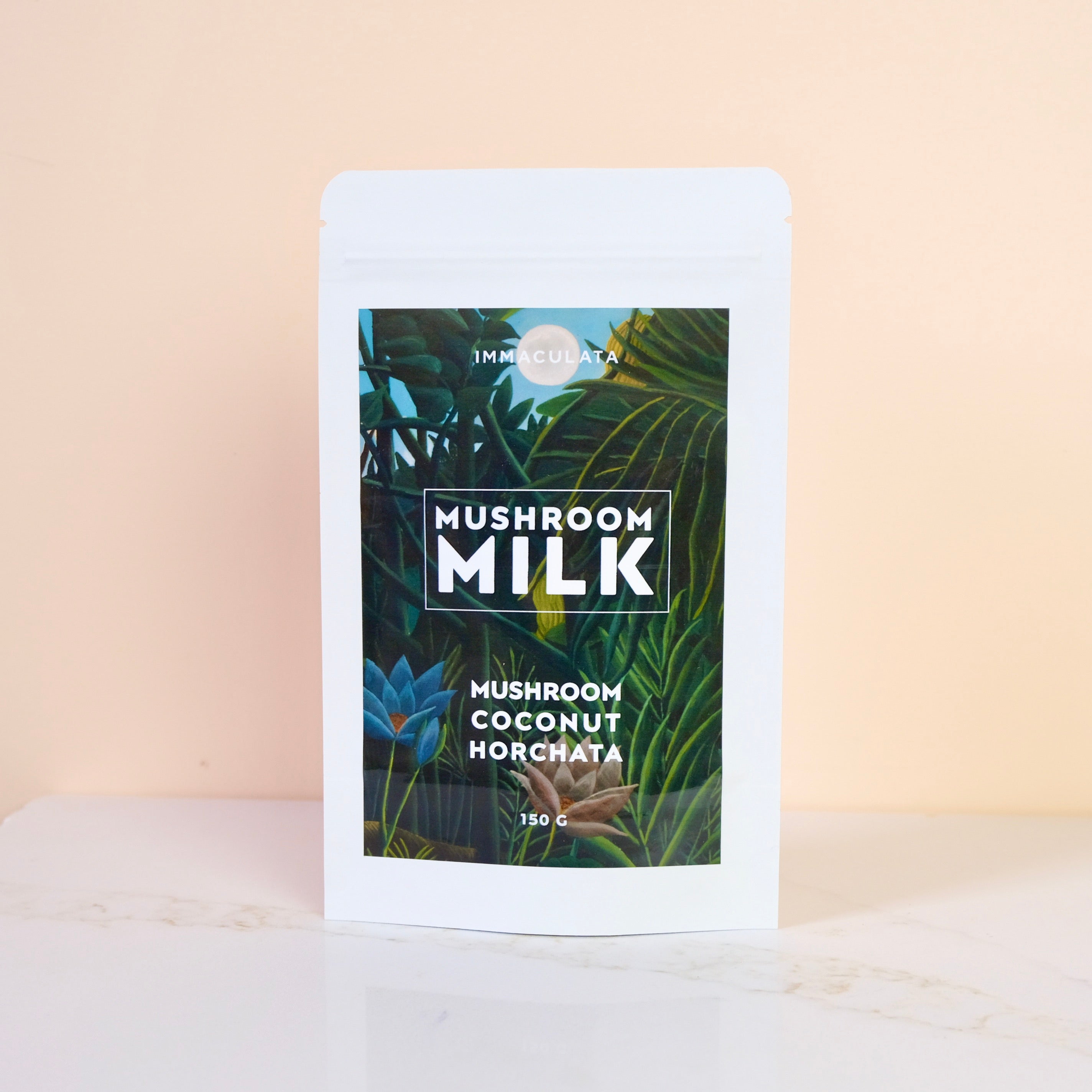 Pack of mushroom milk with tropical leaf design on a beige background