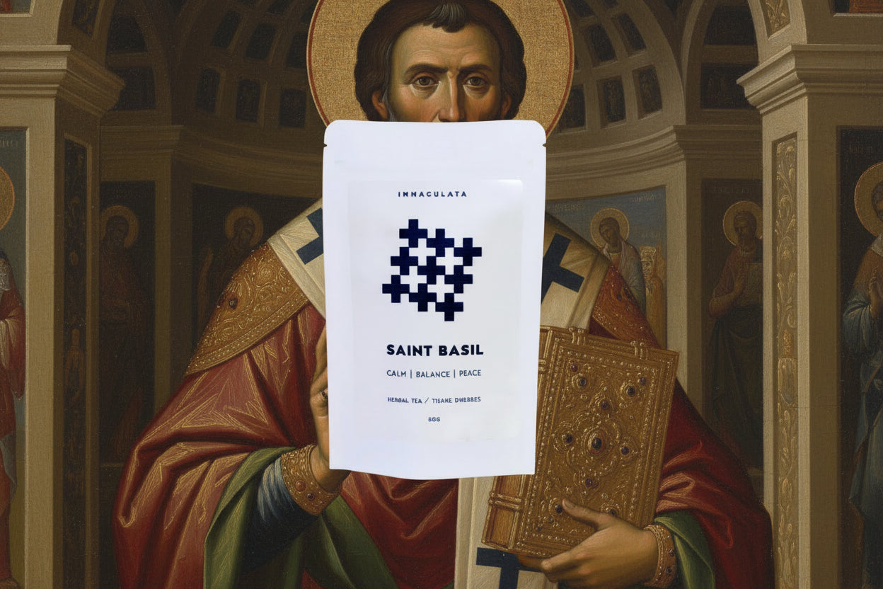 Tea package labeled 'Saint Basil' by Immaculata on a beige background