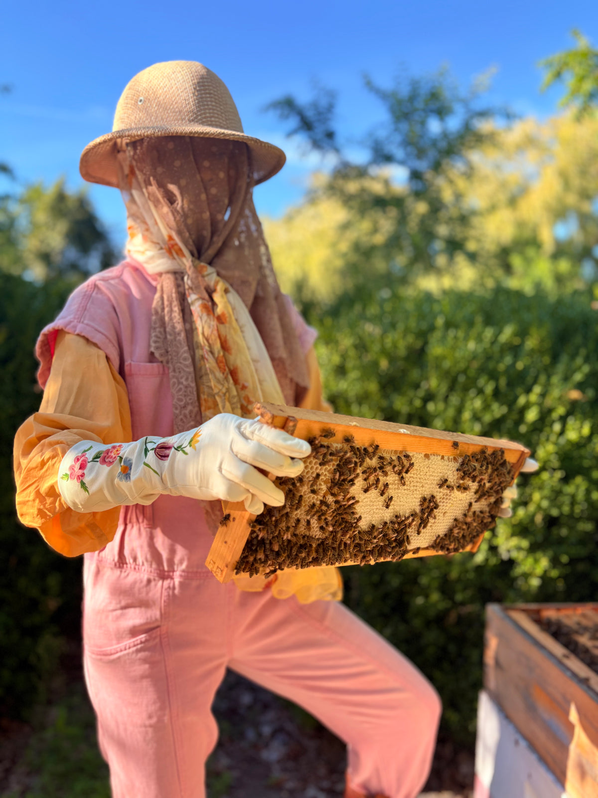 A person wearing beekeeping protective clothing, including a straw hat with mesh veil, pink overalls, and white gloves, holds a honeycomb frame covered with bees outdoors in a sunny garden setting.