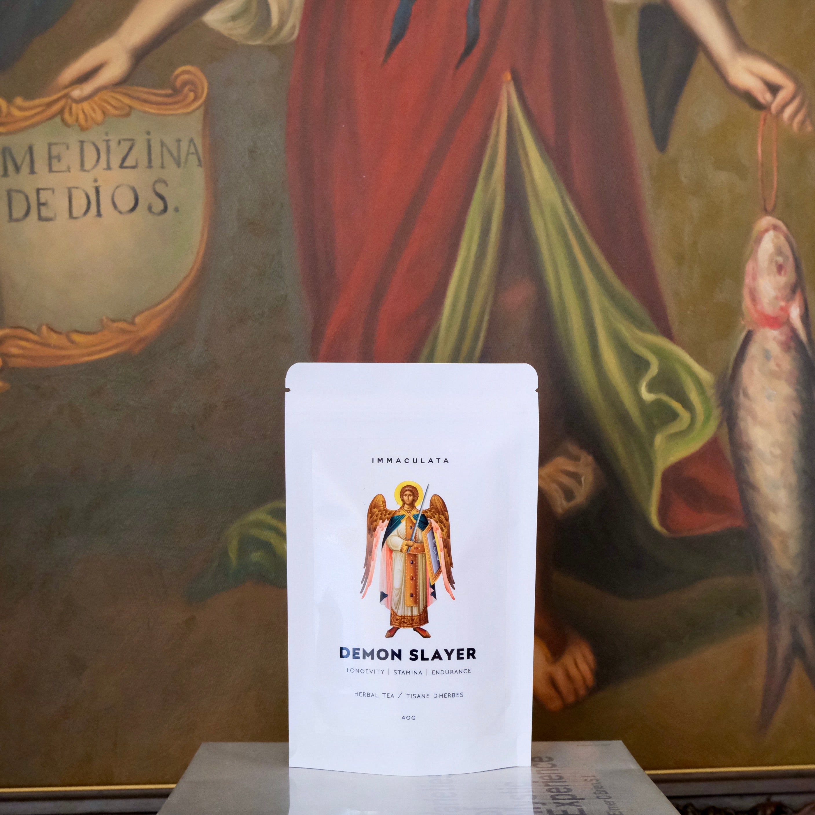 A bag of Immaculata Herbal Tea called Demon Slayer