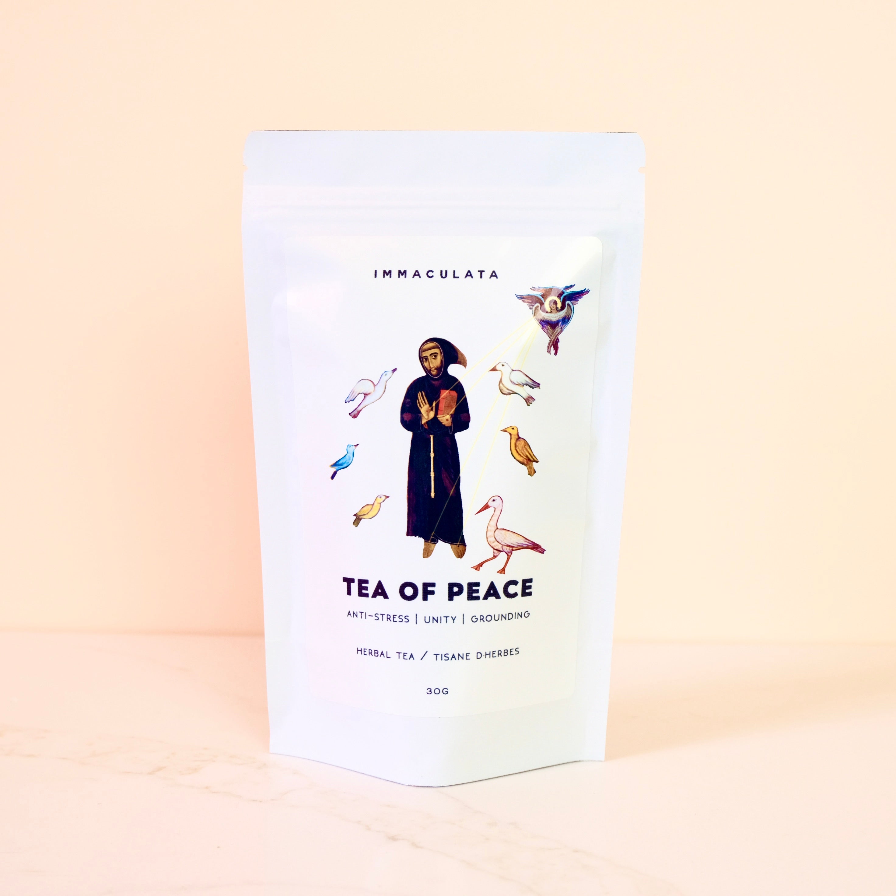 Tea package labeled 'Tea of Peace' with illustrations on a beige background