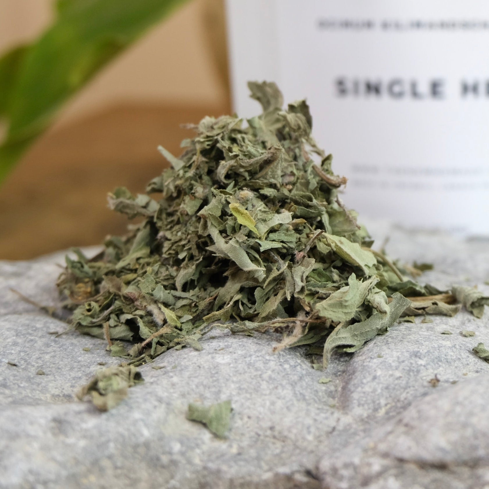 A small pile of dried camphor basil leaves in front of a sealed white bag labeled 'CAMPHOR BASIL SINGLE HERBS'.